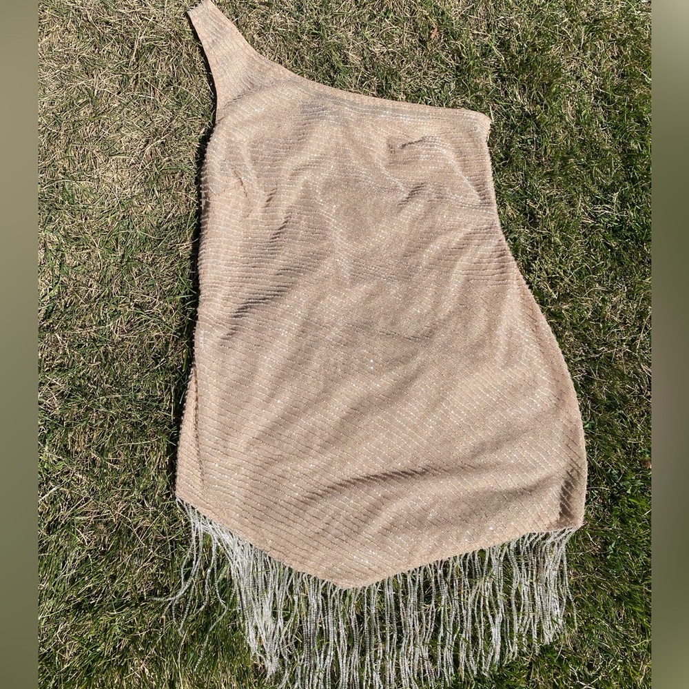 PrettyLittleThing Nude one shoulder beaded fringe bottom Body-con Mini Dress 12